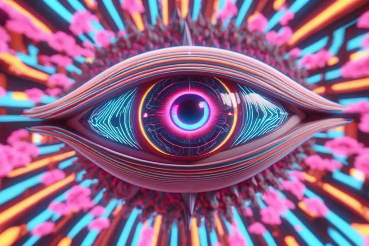 3d, 3d render,3d rendering,3d anime, japanese anime, highly detailed, vibrant, production cinematic,All-Seeing Eye Entity on a Psychedelic Journey, Seamless Loop