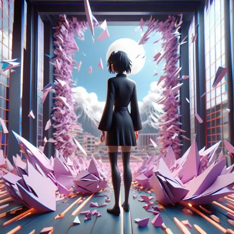 3d, 3d render,3d rendering,3d anime, japanese anime, highly detailed, vibrant, production cinematic,Surreal symbolic composition. Shards of reality. 3D rendering
