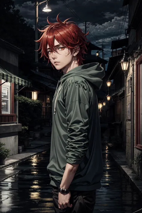 (realistic:1.2), kyan reki\(sk8\), solo, looking at viewer, 1boy, hair between eyes, red hair, orange eyes, messy hair, male focus, hair down, green hoodie, rain, water drop, night, street lamp, sad