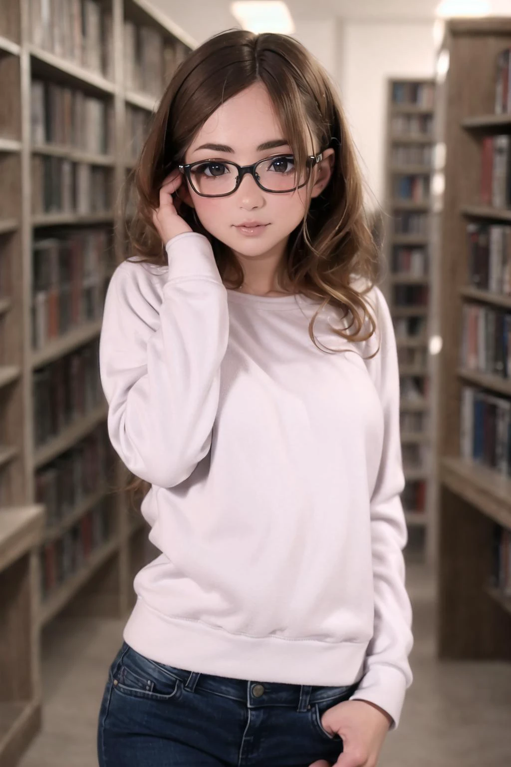 posing, ddjeans, ddsweater, 
black hair, nerd, library, 1girl, shy, <lora:DDsj_1.2:0.75>