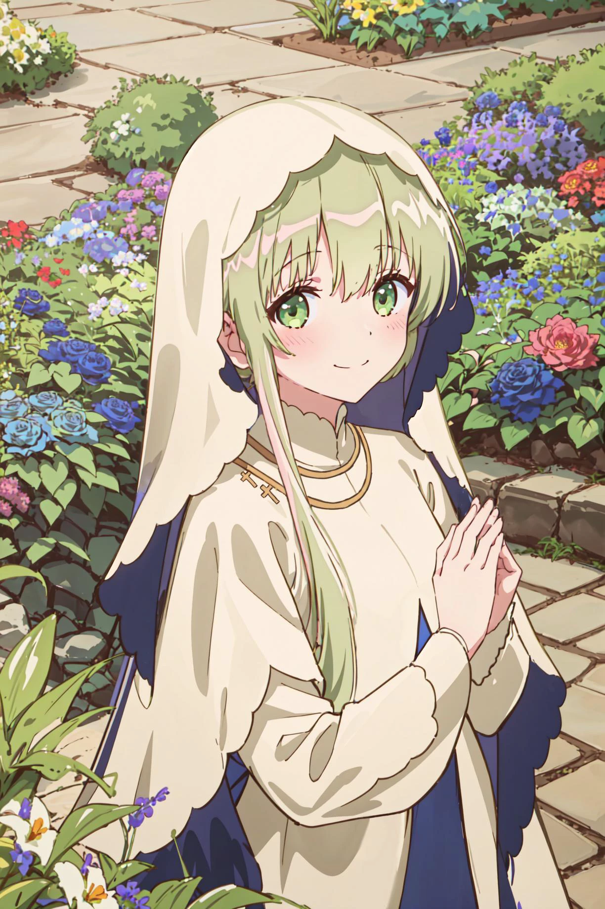 1girl,
cecilia, veil, white dress, nun, looking at viewer, praying, smile, (blush), garden, god light, sunshine, flowers, blue sky, cowboy shot, floral background, close view, (straight on), <lora:cecilia-shisei:0.8>