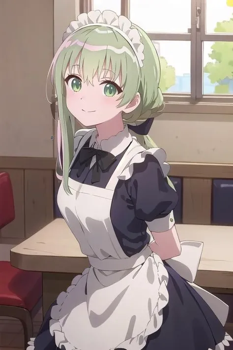 (best quality), high quality, [masterpiece, highres], pixiv featured, (1girl), solo, ((beautiful:0.75) cute girl:0.8), perfect anatomy, nice hands, perfect hands, [detailed] background [illustration], cecilia, smile, medium breasts, maid, maid dress, dress, black dress, skirt, black skirt, white apron, apron, neck bow tie, black bow, bow, maid apron, maid headdress, short sleeves, arms behind back, looking at viewer, restaurant lobby, fisheye shot, side view, <lora:cecilia-shisei-12:0.8>