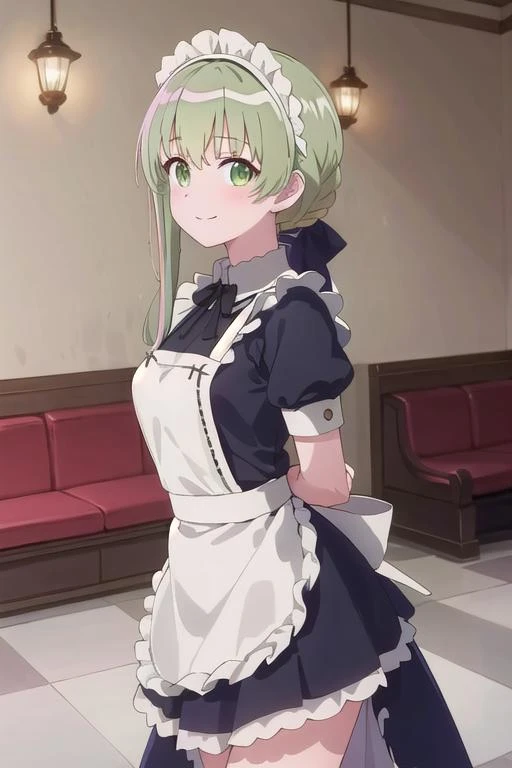 (best quality), high quality, [masterpiece, highres], pixiv featured, (1girl), solo, ((beautiful:0.75) cute girl:0.8), perfect anatomy, nice hands, perfect hands, [detailed] background [illustration], cecilia, smile, medium breasts, maid, maid dress, dress, black dress, skirt, black skirt, white apron, apron, neck bow tie, black bow, bow, maid apron, maid headdress, short sleeves, arms behind back, looking at viewer, restaurant lobby, fisheye shot, side view, <lora:cecilia-shisei-12:0.8>