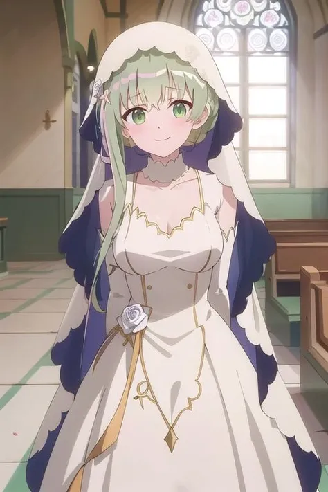(best quality), high quality, [masterpiece, highres], pixiv featured, (1girl), solo, ((beautiful:0.75) cute girl:0.8), perfect anatomy, nice hands, perfect hands, [detailed] background [illustration], cecilia, smile, bare shoulders, blue gemstone, blue sky, blush, bow, breasts, bride, church in background, cleavege, collar, collarbone, day, dress, earrings, elbow gloves, falling petals, flower, frilled dress, frilled gloves, frills, gem, gloves, hair ornament, jewelry, lace, lace-trimmed dress, lens flare, open mouth, outdoors, petals, red flower, red rose, see-through, see-through cleavage, sky, sleeveless, sleeveles dress, stained glass, steeple, tiara, tree, waist bow, wedding dress, white dress, white flower, white gloves, white rose, bouquet, bridal veil, sidelocks, veil, looking at viewer, arms behind back, fisheye shot, <lora:cecilia-shisei-12:0.8>