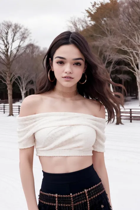 <lora:rachel-03:1> rachel zegler, detailed face, woman,  Boho-Chic: Wide-leg pants, off-the-shoulder blouse, and gladiator sandals.,Winter Wonderland,  Softbox with a grid to create controlled highlights (Grid Highlights)., Sports Photography