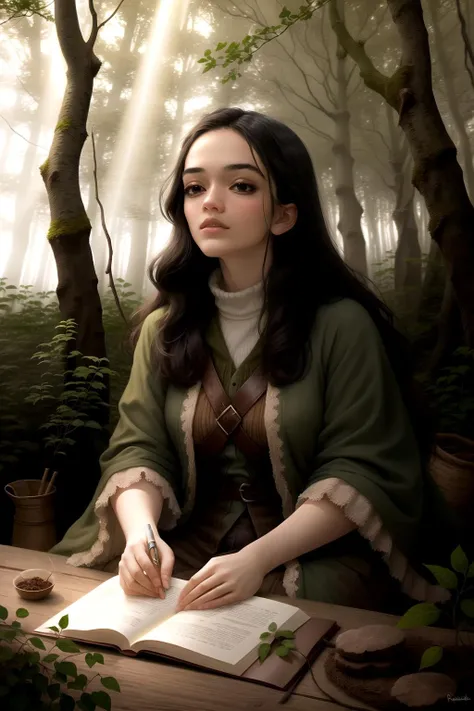 <lora:Rachel_Zegler-v1:1> rachel zegler, woman,detailed face, focus on character portrait, solo, (full body:0.6), looking up, detailed background, detailed face, (high fantasy medieval theme:1.1), serene expression, forest druid, wearing natural colored green clothes, leather, druid staff, feathers, sitting, healing spell, sigils, (style-swirlmagic:0.8), vines, roots, branches, rocks, mushrooms, sprouting plants, rays of light, filtered light, forest canopy in background, natural mysterious atmosphere, earth tones,