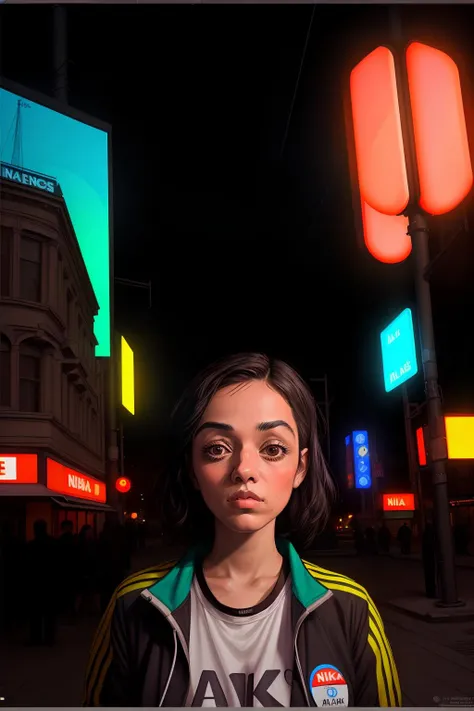 <lora:rachel-03:1> rachel zegler, woman,upper body, Varsity Jacket,Cityscape, Documentary Street Portraits, diane arbus,Nikon L35AF Camera, Colored LED panels as a creative background (Colored LED Panels).