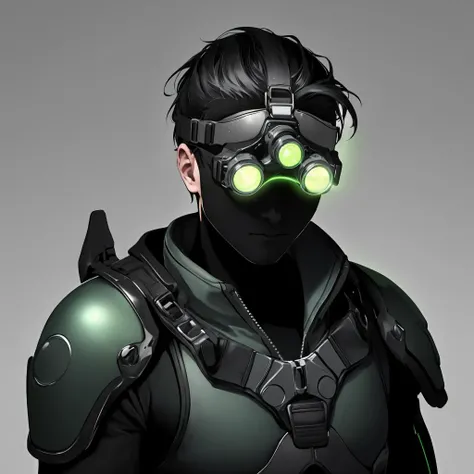 nvg, goggles on head, green eyes, glowing, glowing eyes, simple background, 1boy, solo, ((upper body, face and shoulder portait)), <lora:NVG-10:0.8>