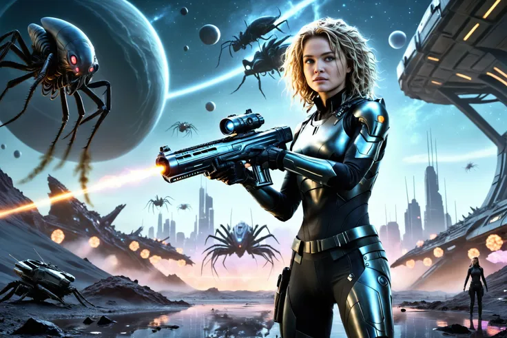 neonpunk style, sci-fi style, cinematic film still Photorealism <lora:DinaMeyerSDXL2-000008:1>, (full-body photo:1.3) of 25yo DinaMeyerSDXL wearing intricate futuristick body armor, blonde curly hair, holding a futuristic machine gun, on an alien planet, surrounded by monstrous alien bugs, shooting at the bugs, starship troppers style, Photorealism, often for highly detailed representation, photographic accuracy, or visual illusion. . shallow depth of field, vignette, highly detailed, high budget Hollywood movie, bokeh, cinemascope, moody, epic, gorgeous, film grain, grainy, futuristic, technological, space themes, advanced civilizations, cyberpunk, vaporwave, neon, vibes, vibrant, stunningly beautiful, crisp, detailed, sleek, ultramodern, magenta highlights, dark purple shadows, high contrast, cinematic, ultra detailed, intricate, professional