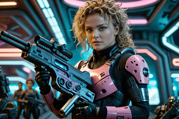 neonpunk style, sci-fi style, cinematic film still Photorealism <lora:DinaMeyerSDXL2-000008:1>, (full-body photo:1.3) of 25yo DinaMeyerSDXL wearing intricate futuristick body armor, blonde curly hair, holding a futuristic machine gun, on an alien planet, surrounded by monstrous alien bugs, shooting at the bugs, starship troppers style, Photorealism, often for highly detailed representation, photographic accuracy, or visual illusion. . shallow depth of field, vignette, highly detailed, high budget Hollywood , bokeh, cinemascope, moody, epic, gorgeous, film grain, grainy, futuristic, technological, space themes, advanced civilizations, cyberpunk, vaporwave, neon, vibes, vibrant, stunningly beautiful, crisp, detailed, sleek, ultramodern, magenta highlights, dark purple shadows, high contrast, cinematic, ultra detailed, intricate, professional