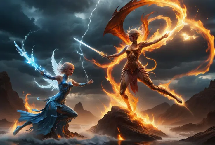 Fighting pair, 1female Angel of water element made of water and waves, water sword, blue. 
1female Angel of fire elemental made of fire and flame, flame sword. 
Between the stormy sky and the parched earth, blurred background of a futuristic ocean, masterpiece rain, lightning, moody, epic, 
 <lora:envyStarlightComics_04v10:1.3> 
<lora:xl-shanbailing-1011-2water:0.5>
 <lora:RPGFireElementalXL:0.2>