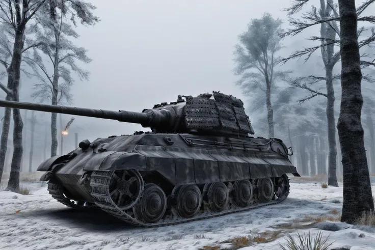 king tiger tank, winter, forest, blizzard, snow, fog, smoke,