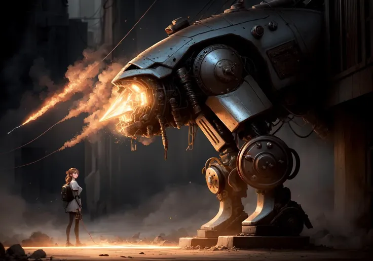 (photorealistic:1.4), Dieselpunk robot, crackling electricity, pipes, (glowing arcane symbols) steampunk, dieselpunk, brass, grunge, a highly detailed epic cinematic concept art CG render digital painting artwork: Sadie Sink. By Greg Rutkowski, Ilya Kuvshinov, WLOP, Stanley Artgerm Lau, Ruan Jia and Fenghua Zhong, trending on ArtStation, subtle muted cinematic colors, made in Maya, Blender and Photoshop, octane render, excellent composition, cinematic atmosphere, dynamic dramatic cinematic lighting, precise correct anatomy, aesthetic, very inspirational, arthouse