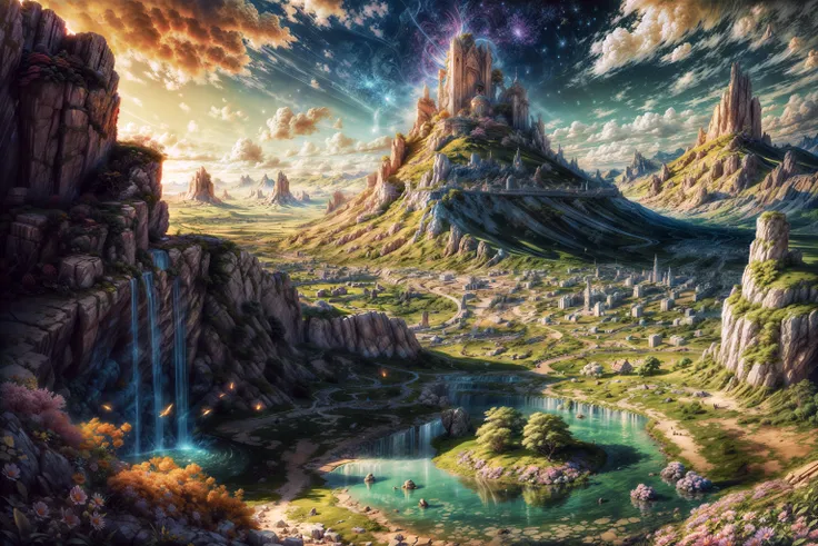 masterpiece, best quality landscape, dramatic lighting, intricate details, sharp focus, 16k, professional illustration, luminous tall flowers, magical glowing orange forest, waterfall, glistening stream, fantasy, starry night, dusty light rays, lit mountains in background, (full view) advntr <lora:add_detail:0.5> <lora:more_details:0.5>