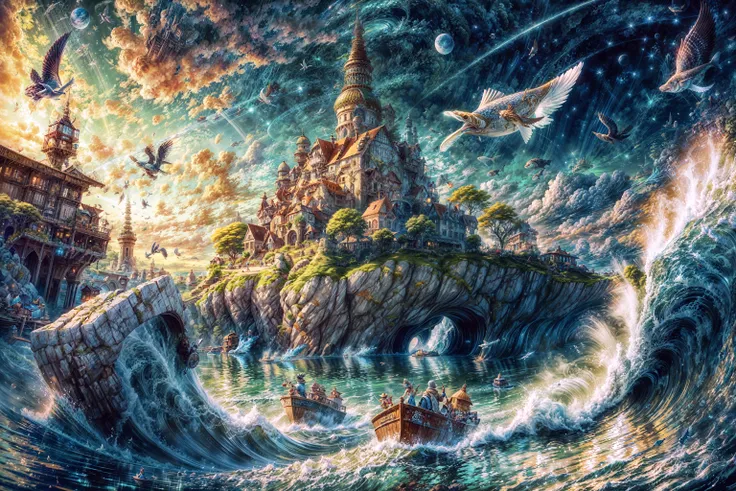 masterpiece, best quality landscape, dramatic lighting, intricate details, sharp focus, 16k, professional illustration, (fishing huts on poles in background:0.8), flying fishes, waves, galaxy, planets in sky, glistening water, fantasy, (full view) advntr <lora:add_detail:0.5> <lora:more_details:0.5>