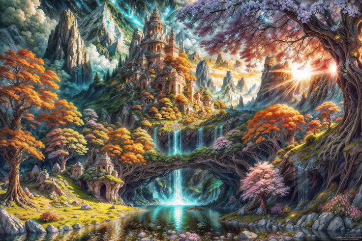 masterpiece, best quality landscape, dramatic lighting, intricate details, sharp focus, 16k, professional illustration, luminous tall flowers, magical glowing orange forest, waterfall, glistening stream, fantasy, starry night, dusty light rays, lit mountains in background, (full view) advntr <lora:add_detail:0.5> <lora:more_details:0.5>