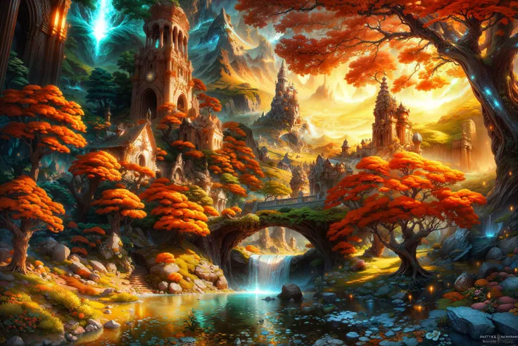 masterpiece, best quality landscape, dramatic lighting, intricate details, sharp focus, 16k, advntr, professional illustration, luminous tall flowers, magical glowing orange forest, waterfall, glistening stream, fantasy, starry night, dusty light rays, lit mountains in background, (full view) <lora:add_detail:1>