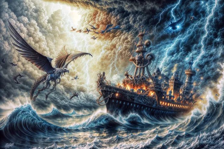 masterpiece, best quality landscape, dramatic lighting, intricate details, sharp focus, 16k, professional illustration, (many warships:0.8), flying demons, hurricane, waves, lightning in sky, vortex, fantasy, (full view) <lora:add_detail:0.5> <lora:more_details:0.5>