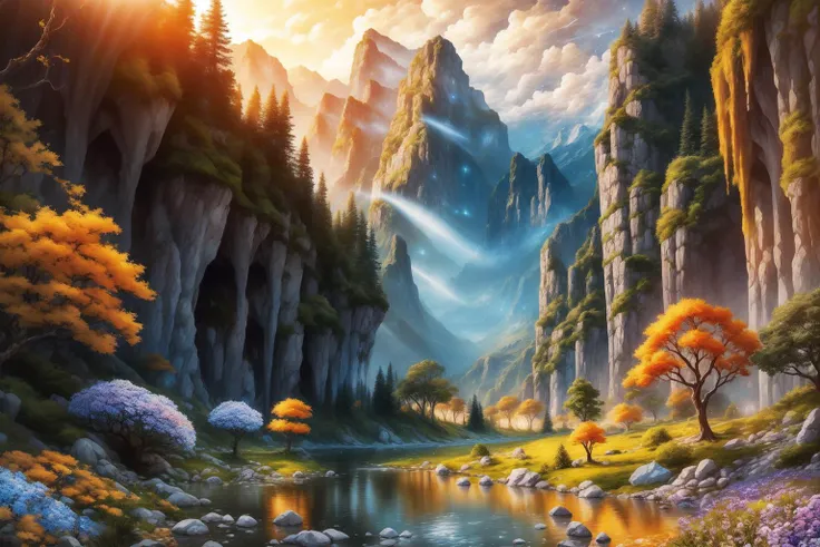 masterpiece, best quality landscape, dramatic lighting, intricate details, sharp focus, 16k, professional illustration, luminous tall flowers, magical glowing orange forest, waterfall, glistening stream, fantasy, starry night, dusty light rays, lit mountains in background, (full view)