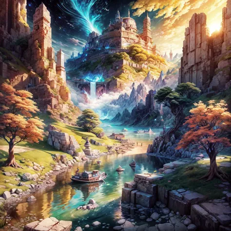 masterpiece, best quality landscape, dramatic lighting, intricate details, sharp focus, 16k, advntr, professional illustration, luminous tall flowers, magical glowing orange forest, waterfall, glistening stream, fantasy, starry night, dusty light rays, lit mountains in background, (full view) <lora:add_detail:1>