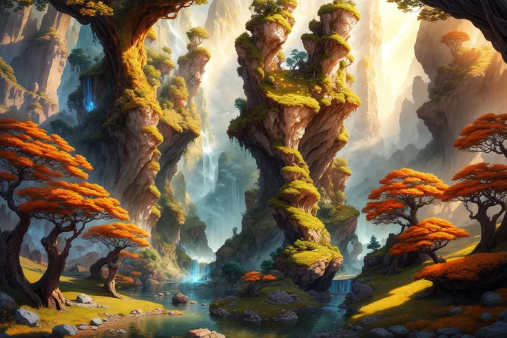 masterpiece, best quality landscape, dramatic lighting, intricate details, sharp focus, 16k, advntr, professional illustration, luminous tall flowers, magical glowing orange forest, waterfall, glistening stream, fantasy, starry night, dusty light rays, lit mountains in background, (full view) <lora:add_detail:1>
