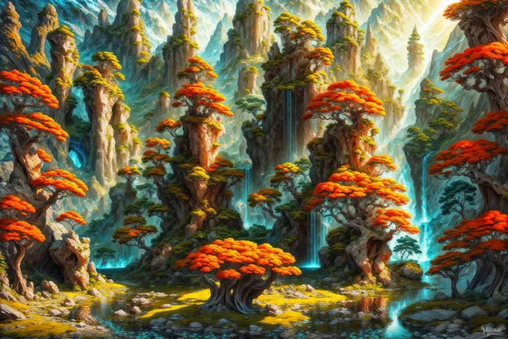 masterpiece, best quality landscape, dramatic lighting, intricate details, sharp focus, 16k, advntr, professional illustration, luminous tall flowers, magical glowing orange forest, waterfall, glistening stream, fantasy, starry night, dusty light rays, lit mountains in background, (full view) <lora:add_detail:1>