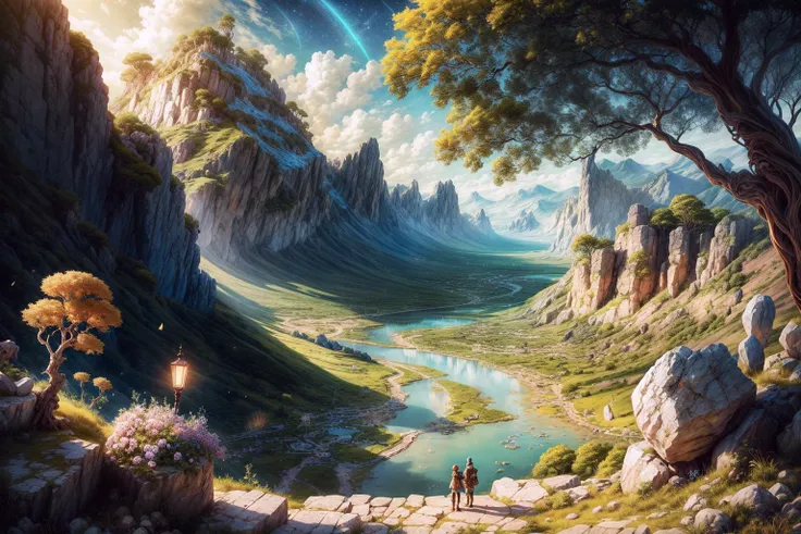masterpiece, best quality landscape, dramatic lighting, intricate details, sharp focus, 16k, professional illustration, luminous tall flowers, magical glowing orange forest, waterfall, glistening stream, fantasy, starry night, dusty light rays, lit mountains in background, (full view) advntr <lora:add_detail:0.5> <lora:more_details:0.5>