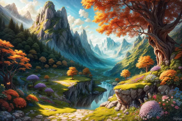 masterpiece, best quality landscape, dramatic lighting, intricate details, sharp focus, 16k, professional illustration, luminous tall flowers, magical glowing orange forest, waterfall, glistening stream, fantasy, starry night, dusty light rays, lit mountains in background, (full view) advntr <lora:add_detail:0.5> <lora:more_details:0.5>