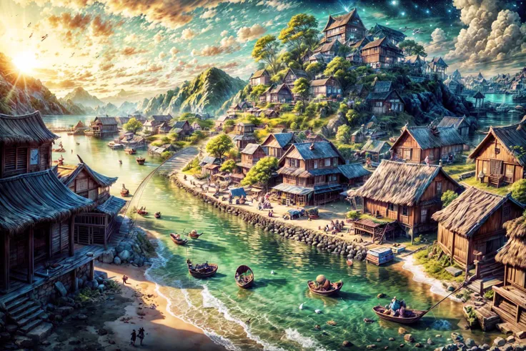 masterpiece, best quality landscape, dramatic lighting, intricate details, sharp focus, 16k, professional illustration, (wooden fishing village:1.3), flying fishes, waves, galaxy, planets in sky, glistening water, fantasy, (full view) advntr <lora:add_detail:0.5> <lora:more_details:0.5>