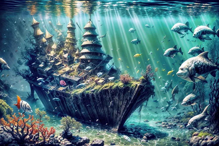 masterpiece, best quality landscape, (dark underwater abyss:1.1), intricate details, sharp focus, 16k, professional illustration, bubbles, (sinking ship:1.1), debris, fishes, sharks, rust, seaweed, fantasy, (full view) <lora:add_detail:0.5> <lora:more_details:0.5>
