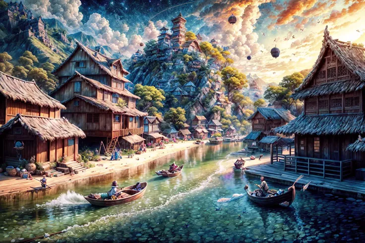 masterpiece, best quality landscape, dramatic lighting, intricate details, sharp focus, 16k, professional illustration, (wooden fishing village:1.3), flying fishes, waves, galaxy, planets in sky, glistening water, fantasy, (full view) advntr <lora:add_detail:0.5> <lora:more_details:0.5>