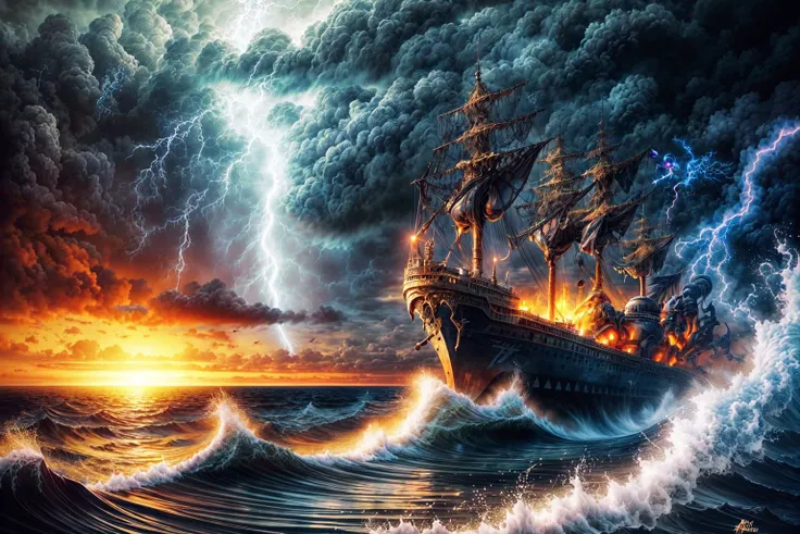 masterpiece, best quality landscape, dramatic lighting, intricate details, sharp focus, 16k, professional illustration, (many warships:0.8), flying demons, hurricane, waves, vortex in sky, lightning, tornado, fantasy, (full view) <lora:add_detail:0.5> <lora:more_details:0.5>
