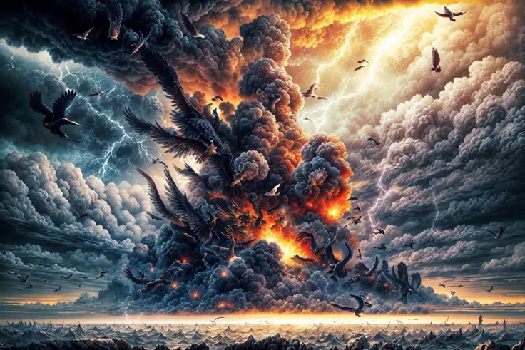 masterpiece, best quality landscape, dramatic lighting, intricate details, sharp focus, 16k, professional illustration, (fleet of airships:0.8), birds, storm, swirling vortex in sky, lightning, (tornado:1.2), fantasy, (full view) <lora:add_detail:0.5> <lora:more_details:0.5>