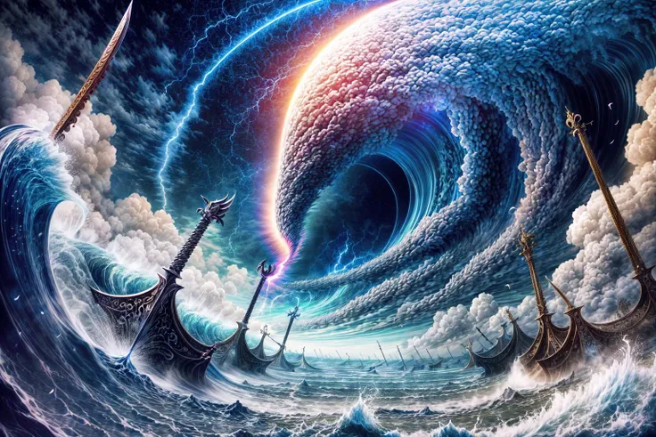 masterpiece, best quality landscape, dramatic lighting, intricate details, sharp focus, 16k, professional illustration, (field of swords:1.2), wave of fire and ice, storm, swirling vortex in sky, lightning, (tornado:1.2), fantasy, (full view) <lora:add_detail:0.5> <lora:more_details:0.5>