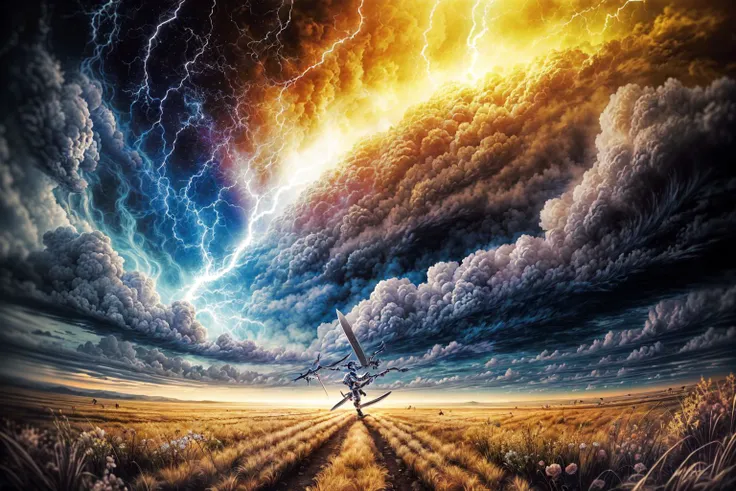 masterpiece, best quality landscape, dramatic lighting, intricate details, sharp focus, 16k, professional illustration, (dry field of swords:1.2), fire and ice, storm, swirling vortex in sky, lightning, (tornado:1.2), fantasy, (full view) <lora:add_detail:0.5> <lora:more_details:0.5>