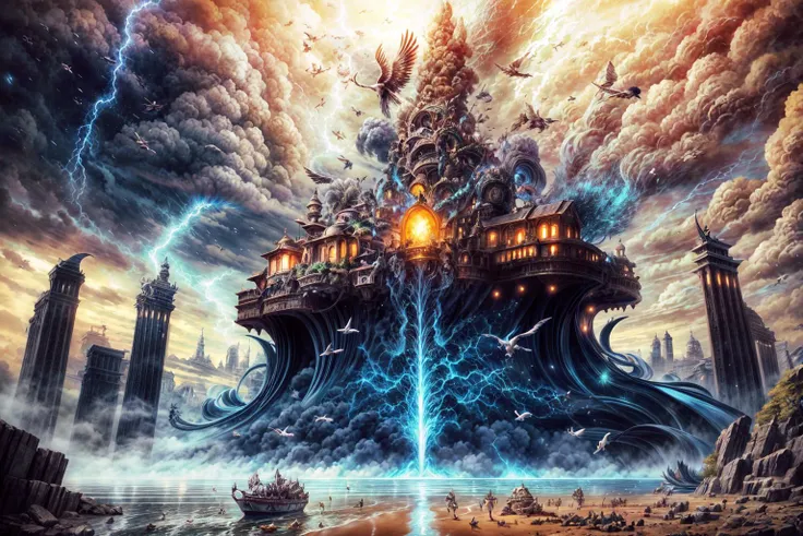 masterpiece, best quality landscape, dramatic lighting, intricate details, sharp focus, 16k, professional illustration, (fleet of airships:0.8), birds, storm, swirling vortex in sky, lightning, (tornado:1.2), fantasy, (full view) <lora:add_detail:0.5> <lora:more_details:0.5> advntr