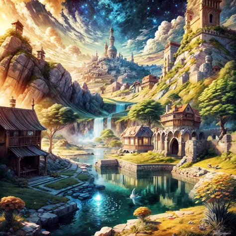 masterpiece, best quality landscape, dramatic lighting, intricate details, sharp focus, 16k, advntr, professional illustration, luminous tall flowers, magical glowing orange forest, waterfall, glistening stream, fantasy, starry night, dusty light rays, lit mountains in background, (full view) <lora:add_detail:1>