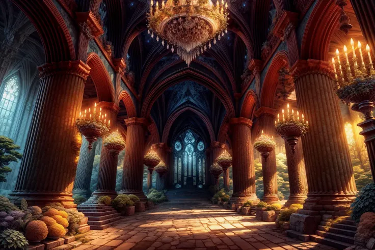masterpiece, best quality landscape, dramatic lighting, intricate details, sharp focus, 16k, advntr, professional illustration, plants, (hanging glowing crystals), castle hallways, moonbeams from windows, (night:1.2), (full view) <lora:add_detail:1>
