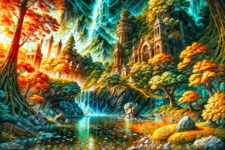 masterpiece, best quality landscape, dramatic lighting, intricate details, sharp focus, 16k, advntr, professional illustration, luminous tall flowers, magical glowing orange forest, waterfall, glistening stream, fantasy, starry night, dusty light rays, lit mountains in background, (full view)  <lora:add_detail:1>