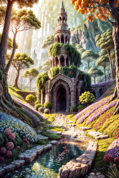 masterpiece, best quality, intricate details, professional illustration, dramatic lighting, sharp focus, 16k, luminous flowers, magical, orange tall forest, glistening stream, fantasy, starry night, galaxy, dusty light rays, advntr <lora:add_detail:0.5> <lora:more_details:0.5>
