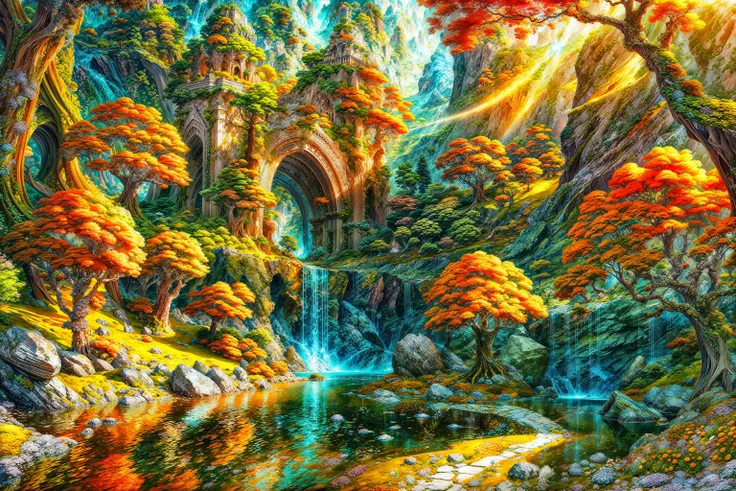 masterpiece, best quality landscape, dramatic lighting, intricate details, sharp focus, 16k, advntr, professional illustration, luminous tall flowers, magical glowing orange forest, waterfall, glistening stream, fantasy, starry night, dusty light rays, lit mountains in background, (full view)  <lora:add_detail:1>