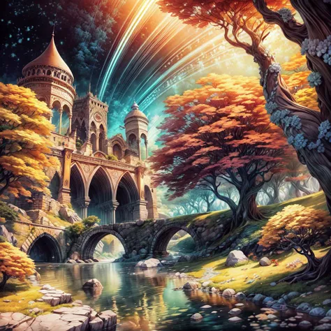 masterpiece, best quality landscape, dramatic lighting, intricate details, sharp focus, 16k, advntr, professional illustration, luminous tall flowers, magical glowing orange forest, waterfall, glistening stream, fantasy, starry night, dusty light rays, lit mountains in background, (full view) <lora:add_detail:1>