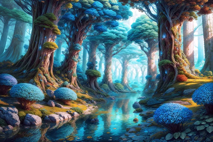 masterpiece, best quality landscape, intricate details, sharp focus, 16k, advntr, professional illustration, fluorescent flowers, (glowing blue leaves:1.2), (magical forest:1.2), (hanging glowing crystals), (glistening water), (tall trees:1.1), fantasy, moonbeam, (night:1.2), (full view) <lora:add_detail:1>