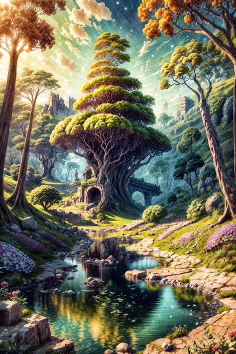 masterpiece, best quality, intricate details, professional illustration, dramatic lighting, sharp focus, 16k, luminous flowers, magical, orange tall forest, glistening stream, fantasy, starry night, galaxy, dusty light rays, advntr <lora:add_detail:0.5> <lora:more_details:0.5>