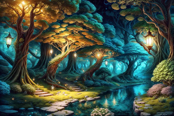 masterpiece, best quality landscape, intricate details, sharp focus, 16k, advntr, professional illustration, luminous shrubs, glowing cyan leaves, magical forest, hanging lanterns, glistening water, (tall trees:1.1), (cottage:0.5), fantasy, moonbeam, (night:1.2), (full view) <lora:add_detail:1>