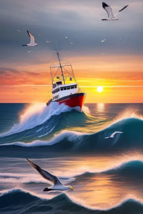 Hyperrealistic photography of a large fishing boat, sailing on the big waves of the sea, hyperrealistic, big waves of the sea, seagulls flying over the fishing boat, fishing boat near the sun, sunset, hyperrealistic,