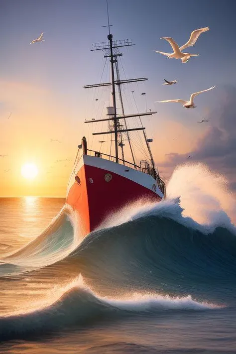 Hyperrealistic photography of a large fishing boat, sailing on the big waves of the sea, hyperrealistic, big waves of the sea, seagulls flying over the fishing boat, fishing boat near the sun, sunset, hyperrealistic,