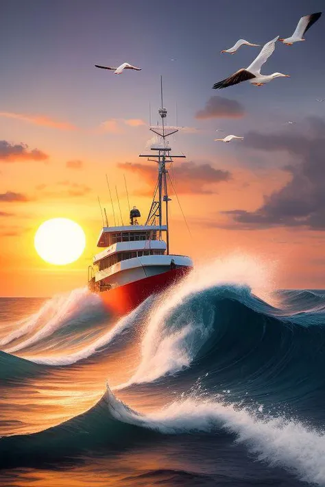 Hyperrealistic photography of a large fishing boat, sailing on the big waves of the sea, hyperrealistic, big waves of the sea, seagulls flying over the fishing boat, fishing boat near the sun, sunset, hyperrealistic,