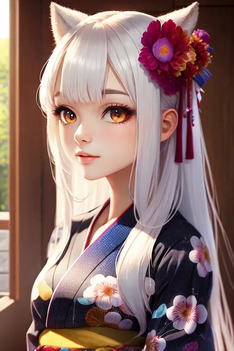 ulmtradetailed professional photo of a long white hair 1girl with fluffy ears straddling with arms behind back, colorful rainbowy yukata with intricate pattern, shiny, shiny skin,