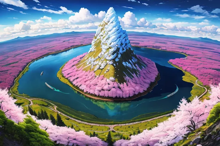 masterpiece, best quality, highres, absurdres, ultradetailed, astonishing, awesome, peaceful, relaxing, beautiful, highly detailed, colorful, fluid colors, bright colors, a forest of sakura trees from the top of a mountain, natural landscape background, bright blue sky, clouds, wide angle, symmetrical, light particule